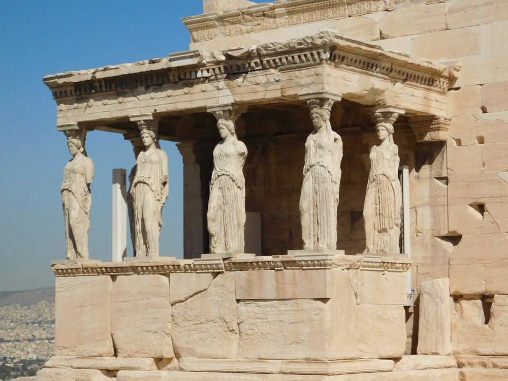 The Caryatid porch of the Erechtheion on the Acropolis of Athens, six marble maidens bearing the roof