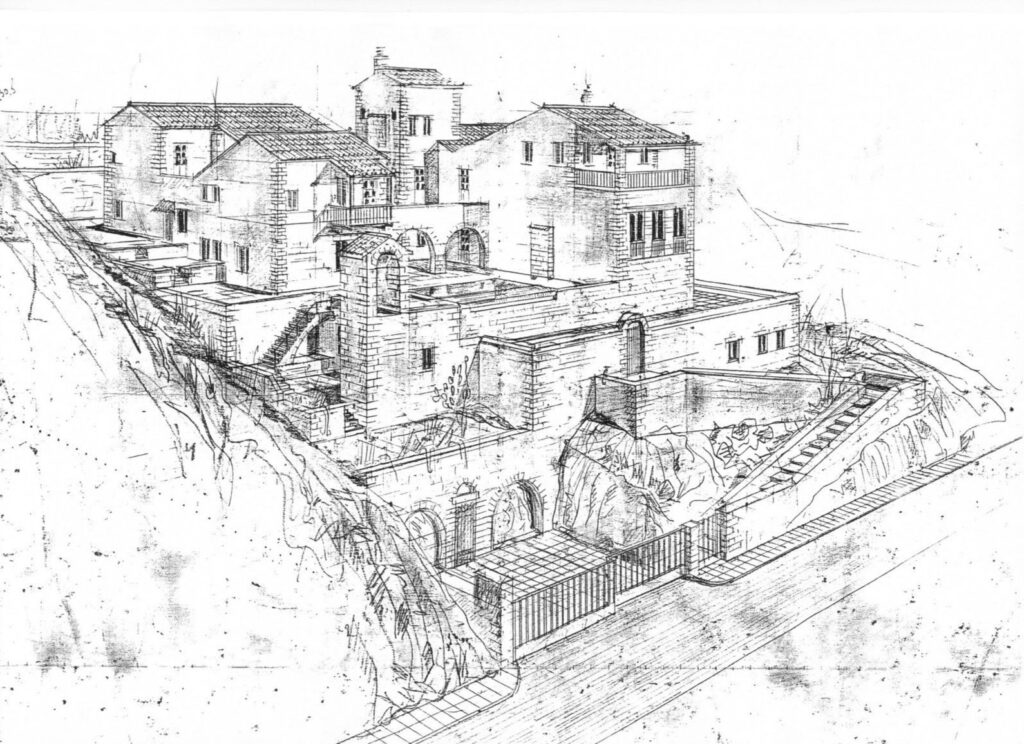 Pencil drawing of the Stone Castle Villa estate stepping down its cliff, stone houses, arched courtyard walls and the gate below